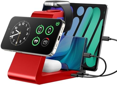5-in-1 Wireless Charging Dock for Apple Devices – Sleek Mag Safe Charger Stand for i Phone 16, 15, 14, 13, 12 Pro Max Plus & Apple Watch – Fast, Safe Power Hub with Multiple Ports for Clutter-Free Charging Experience in Red