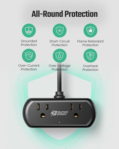 Compact USB Charging Station Power Strip – SUPERDANNY Mini Surge Protector with 2 Extra Wide Outlets, 4 USB Ports (3 USB-A & 1 USB-C), 5 Ft Cord, Flat Plug Design for Space-Saving Convenience, Ideal for Home, Office, and Travel Use – Enhanced Power Efficiency and Safety Features