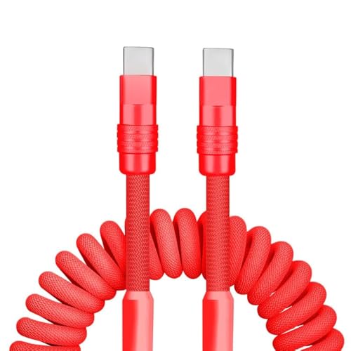 Dynamic Curly Chubby Coiled USB C Cable: 240 W Fast Charge Retractable Spiral Braid Cord for Carplay & Android Auto, Versatile Length 2.29 FT to 3.6 FT, Sleek Black and Red Design, Enhanced Compatibility for All USB-A to Type-C Devices