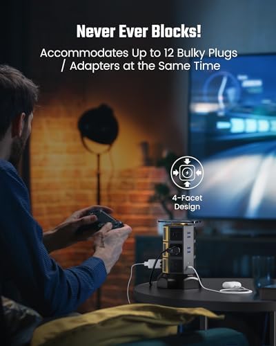 Elevate Your Charging Solutions with the SUPERDANNY Power Strip Tower – 15 W Wireless Charger and 1050 J Surge Protector with 12 AC Outlets, 6 USB Ports (Including 2 USB-C) and 6.5 ft Extension Cord – Ideal for Home Office Organization and Efficient Device Management with Elegant Wood Grain Finish