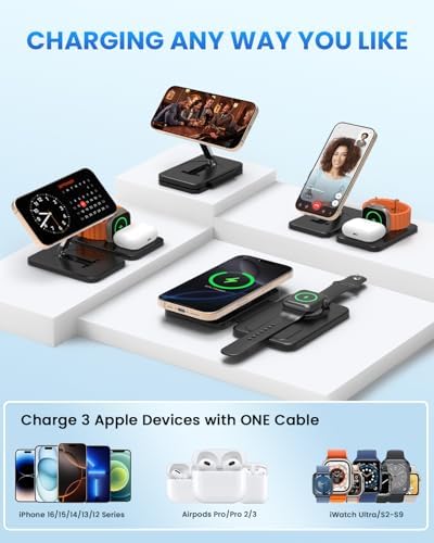 Magnetic Wireless Charging Station for i Phone 15/14/13/12 Pro Max & Apple Devices – Joy Geek 3-in-1 Fast Charger Pad for i Phone, Apple Watch Ultra 9-2, and Air Pods – Compact Design with Enhanced Compatibility and Secure Magnetic Alignment