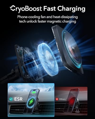 Revolutionize Your Drive with the ESR 15 W Mag Safe Car Mount Charger – Fast Wireless Charging for i Phone 12-16, Featuring Cryo Boost for Optimal Cooling, Apple-Certified Magnetic Phone Charger for Effortless Compatibility and Enhanced Performance on the Go