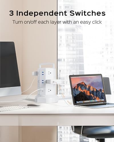 JACKYLED Power Strip Tower Surge Protector with 12 Outlets and 6 USB Ports (2 USB-C) – High-Speed Charging Station with 1050 Joules Protection, 1625 Watts, 6.5 ft Extension Cord for Enhanced Home Office Efficiency and Device Safety