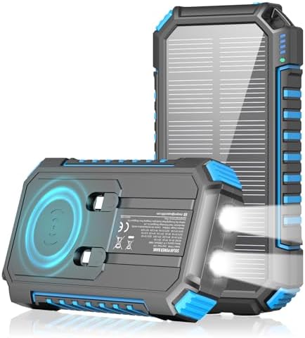 Riapow 27,000 m Ah Solar Power Bank with 22.5 W Fast Charge, Dual Built-in Cables & Wireless Charging for 6 Devices – Ultimate Outdoor Power Solution in Blue – Unleash Rapid Energy Anywhere!