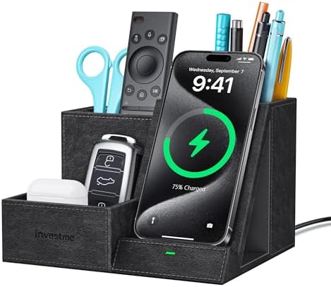 Elevate Your Workspace: Multifunctional Wireless Charger & Desk Organizer with 3 Compartments and Phone Stand – PU Black – Fast Charging & Stylish Office Essential for Maximum Productivity and Organization