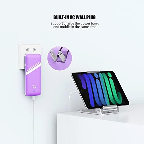 Ultra-Slim 10000 m Ah Power Bank with Built-in AC Plug – Versatile Portable Charger for Multiple Devices, Featuring 4 Output Ports and Included Micro USB & Type-C Cables in Stylish Purple – Perfect for On-the-Go Power Needs