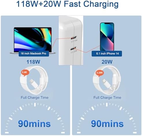 High-Efficiency 138 W USB-C Charger for Mac Book Pro & Air – Dual-Port Charging Solution with 2 Durable Cables for Maximum Versatility, Rapid 1.5-Hour Full Charge for Laptops & 20 Min to 80% for Smartphones, Superior Overheat Protection & Compatibility with All USB-C Devices, Ideal for Mobile Professionals and Remote Workers