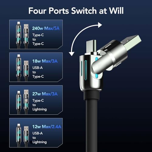 4-in-1 Universal Multi USB Charging Cable – 240W Max Fast Charger Cord with Multiple Connectors for iPhone 16/15/14/13, iPad, Samsung, MacBook, Tablets & More (Black, 6.6Ft) – Enhanced Compatibility and Speed