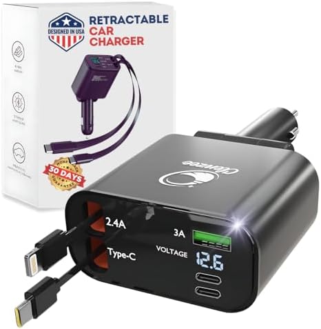 Revolutionize Your Road Trips with the Retractable 4-in-1 Fast Car Charger – Dual Retractable Cords (Type C + i OS) and 2 USB Ports for Multi-Device Power | RGB Starlight Design for Enhanced Aesthetics | High-Speed Charging Compatibility for Android & i Phone Models – Charge Up to 4 Devices Simultaneously
