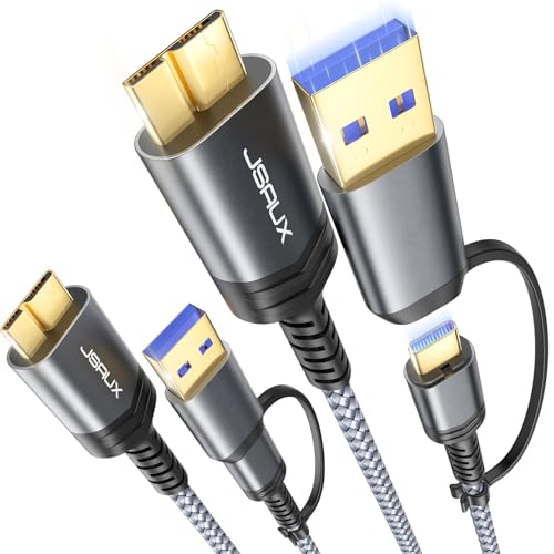 JSAUX Hard Drive Cable 3.3FT, 20Gbps Micro B to USB C/A Cord External Hard Drive Cable Nylon Braided Compatible with Seagate WD Toshiba Westgate, MacBook Air M2 Pro, Camera, iPhone 15 Pro Max – Enhanced Compatibility and Speed