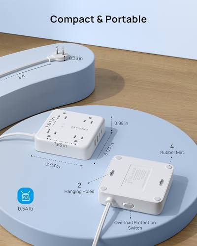 TROND 2-Prong Surge Protector Power Strip with 5 ft Extension Cord, 1440 Joules Safety Shield, Multiple AC Outlets & USB Charging Ports – Compact Wall-Mount Adapter for Streamlined Power Access and Enhanced Device Protection