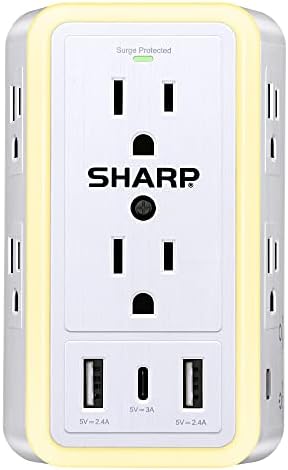 Ultimate Sharp Surge Protector Wall Charger with 6 Spacious Outlets, Rapid Charging, Dual USB-A & USB Type-C Ports, Adaptive Nightlight – Exceptional Device Compatibility & Efficiency for Home or Office Use