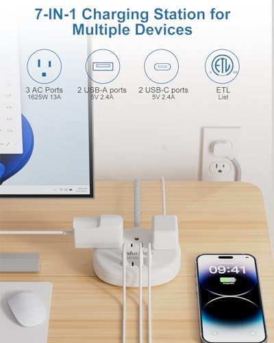 Stylish Brown Extension Cord with 1080 J Surge Protection – 5 FT Flat Braided Design Featuring 3 AC Outlets & 4 USB Ports (24 W/4.8 A) for Fast Charging – Ideal Tan Desk Accessory for Powering Devices Safely & Efficiently