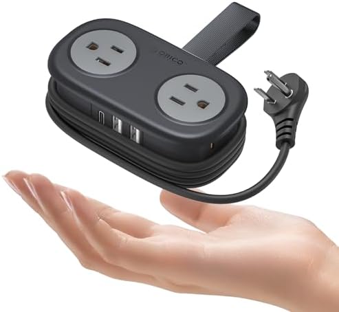 Compact Travel Power Strip by ORICO – 4 AC Outlets & 3 USB Ports (1 USB-C) with 4 FT Flexible Cord – Cruise Approved Portable Charging Station for Hotels and Adventure Trips – Ultimate Solution for Modern Travelers