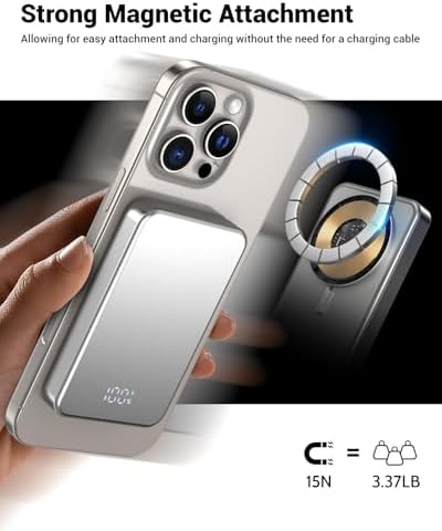 26800 m Ah Magnetic Power Bank – Premium Aluminum Alloy Portable Charger with 20 W USB-C Fast Charging for i Phone 12-16 Series, Sleek Silvery Gray, Effortless Wireless Charging for On-the-Go Power Solutions