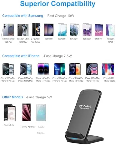 NANAMI Qi-Certified Fast Wireless Charging Stand – Ultimate Compatibility for Samsung Galaxy S25/S24/S23/S22/S21/S20 & i Phone 16/16 Pro/16 Pro Max/15/14/13 – Sleek Design, Rapid Power Delivery, and Adjustable Viewing Angles for a Seamless Charging Experience