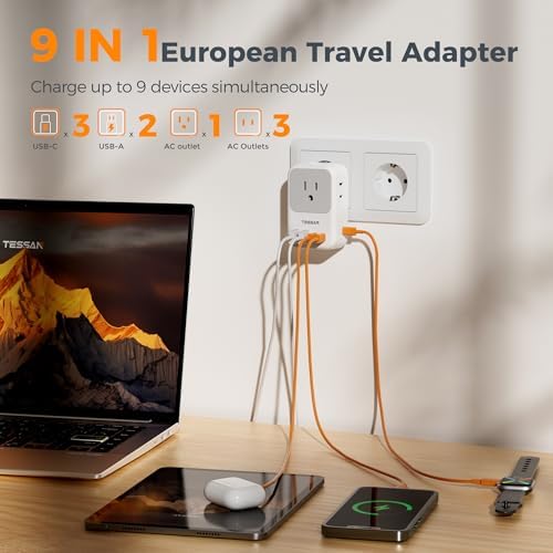 TESSAN Dual Pack European Travel Adapter with 4 AC Outlets and 3 High-Speed USB Ports – Ultimate International Power Converter for Seamless Device Charging in Italy, Spain, France, Portugal, Germany, and Iceland – Essential Travel Accessory for Modern Explorers