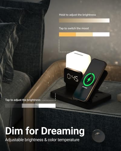 Transform Your Nightstand with the M.A.D LAB Multi-Device Charging Station & Alarm Clock – Wireless Charger for Apple Watch, Air Pods, and Qi-Compatible Smartphones – Sleek Night Lamp & User-Friendly Alarm for Enhanced Sleep Environment – Fast Charging & Elegant Design