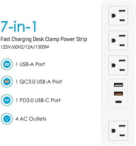 CCCEI Universal Desk Clamp Power Strip with Dual USB Ports – Advanced 1200 J Surge Protector for Desktop Mounting, Fast Charging Convenience, 6 FT Flat Plug, Ideal for Bulky Adapters, Fits 1.9 Inch Tabletops – Optimize Your Workspace Efficiency and Safety