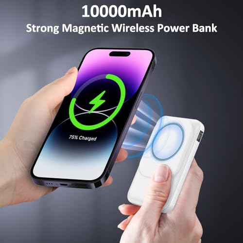 Gladgogo 10000 m Ah Wireless Magnetic Power Bank – Slim, Fast Charging Portable Charger for i Phone 15/14/13/12 Series with Built-In Cable, LED Display, and Integrated Stand – Ultimate On-The-Go Power Solution in Elegant White