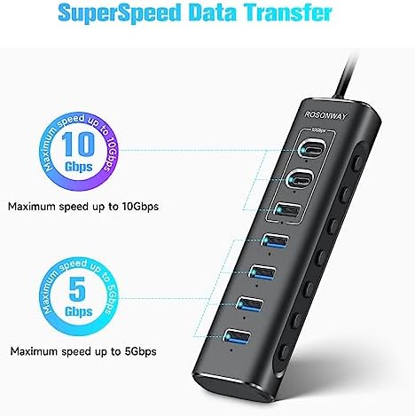 Elevate Your Connectivity with the Rosonway 7-Port Powered USB Hub – Ultra-Fast 10 Gbps Data Transfer, Dual USB-C 3.2 & Four USB 3.0 Ports, Individual Switches for Custom Control, Sleek Aluminum Design, Perfect for Laptops and PCs – RSH-A107 C, Maximize Productivity Effortlessly