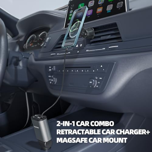 Ultra-Slim Flexino Retractable Car Charger – 57 W Fast Charge for i Phone 16/15, Galaxy, Pixel – Dual USB-C Ports for Concurrent Charging – Compact & Tangle-Free Design – Essential Travel Accessory for Seamless Connectivity