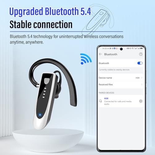 Atheewon Bluetooth Earpiece: Premium Wireless Headset with Advanced Noise-Cancellation | 20-Hour Talk Time & 180-Hour Standby for Ultimate Convenience | Perfectly Ergonomic Design in Modern Silver and White | Bluetooth 5.4 Technology for Reliable Connectivity | Ideal for Business Professionals, Truckers, and Drivers Seeking Crystal-Clear Communication