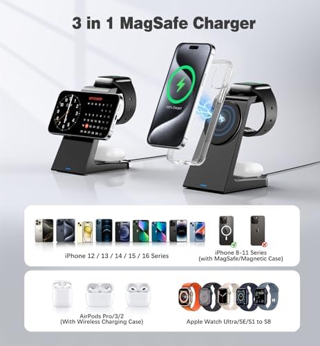 Magnetic 3-in-1 Wireless Charging Station for Apple Devices – Fast 20 W Mag-Safe Charger Dock for i Phone 12-16, Air Pods, and Apple Watch – Sleek, Ergonomic Design for Clutter-Free Power Management and Enhanced Compatibility