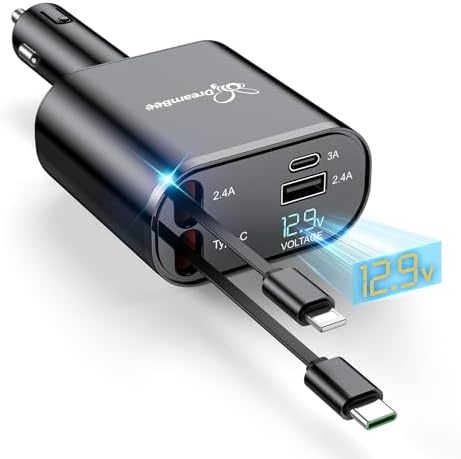 Ultimate 66 W Retractable Car Phone Charger – Fast Dual Type-C Charging Solution for i Phone 15/14, Samsung Galaxy S23+/S23/S22, i Pads – Tangle-Free Design for Efficient Multi-Device Power-Up in Cars and Trucks – Perfect Travel Accessory with Built-In Safety Features