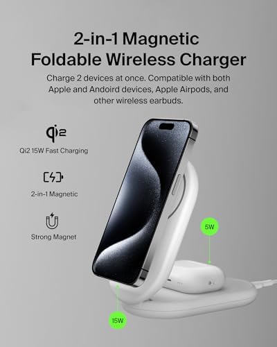 Revolutionize Your Charging Experience with the Belkin 2-in-1 Magnetic Foldable Charger – 15 W Qi2-Certified Wireless Power for Apple i Phone 16 & Samsung Galaxy S25 with Non-Slip Stability – Sleek White Design for Home, Office & Travel – PSU Included for Instant Use and Enhanced Device Compatibility