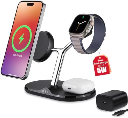 Ultimate 3-in-1 Mag Safe Wireless Charging Station for Apple Devices – Fast, Space-Saving Charger for i Phone 12-16, Apple Watch, and Air Pods – Enhanced Compatibility and Sleek Design for Organized Spaces