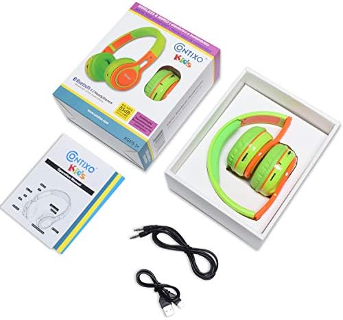 Vibrant Contixo KB-2600 Kids Bluetooth Headphones – Safe 85 d B Volume Limiting Over-Ear Design with Built-in Mic, FM Radio & Micro SD Slot – Portable Foldable Fun in Eye-Catching Green & Orange for Ultimate Audio Adventure