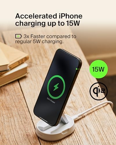 Belkin 15 W Fast Convertible Magnetic Charging Stand – Mag Safe & Qi2 Compatible Power Hub for i Phone 16/16 Plus/16 Pro/16 Pro Max, i Phone 15/14, Apple Air Pods Pro – Stylish White Design for Enhanced Efficiency and Device Versatility