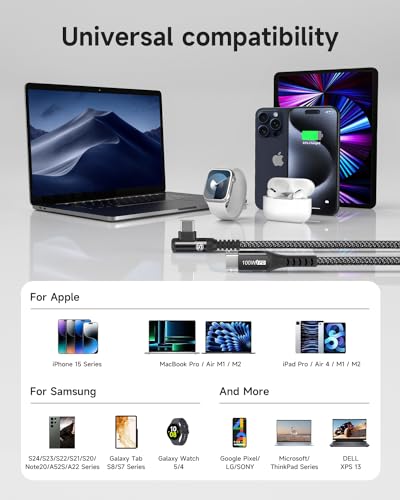 Ultimate 10 FT Right Angle USB-C to USB-C Cable (2-Pack) – 100 W Power Delivery for Fast Charging i Phone 16, Mac Book & Galaxy – Durable Tangle-Free Nylon Braided Design for Tight Spaces – Enhanced Flexibility for All Your Devices