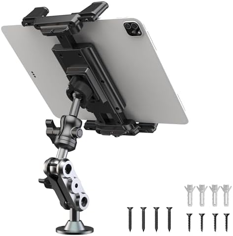 Heavy-Duty Aluminum Tablet Mount: 360° Adjustable Drill Base Holder for 4.7-12.9″ Devices – Ultimate Car, Truck, and Wall Stand for i Pad Pro/Air/Mini & Samsung Galaxy Tab – Enhanced Stability for On-the-Go Productivity