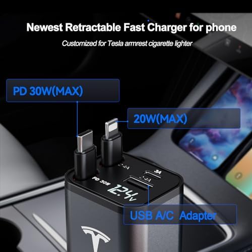 Tesla Model Y, 3, X, S Retractable 4-in-1 Fast Phone Charger – 69 W Adapter with 2.6 ft Cable, 180° Adjustable Design, Real-Time Voltage Display, Enhanced Compatibility for 2025-2017 Models – Ideal Tesla Accessories for Effortless Charging on the Go