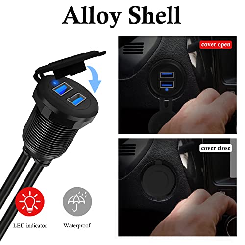BATIGE Type C USB 3.0 Flush Mount Extension Cable – 3 ft Alloy Shell Car, Truck & Motorcycle Dashboard USB Port with LED Indicator for Enhanced Durability and Seamless Connectivity