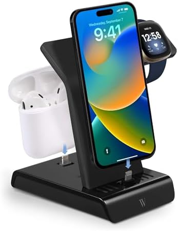 Wasserstein 3-in-1 Wireless Charging Station for i Phone, Air Pods & Fitbit – Fast, Efficient Power Dock with Non-Slip Surface for Seamless Device Management – Ideal for Home or Office Use (Black)