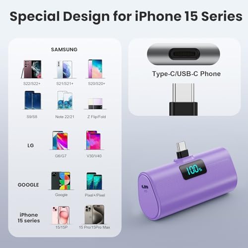 Compact 5200 m Ah Power Bank with Built-In USB-C for i Phone 15 and Samsung Devices – Fast Charging, LCD Display, Lightweight Red Design for On-the-Go Convenience and Enhanced Compatibility