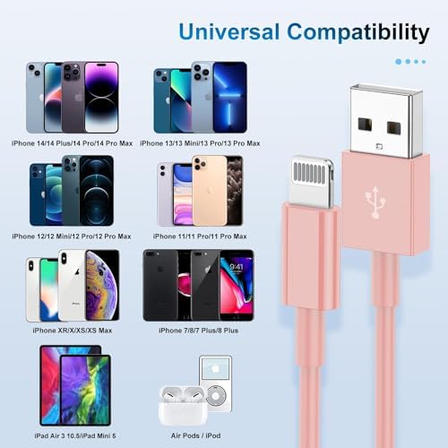 Dual Pack 6 Ft Apple MFi Certified Lightning to USB Charging Cables – Fast 2.4 A Power for i Phone 14/13/12/11/X/XS/XR/8/7/6/SE Plus Pro Max Mini – Durable and Flexible Design for Home, Office, and Travel Use – Enhanced Compatibility and Speed for Seamless Charging Experience