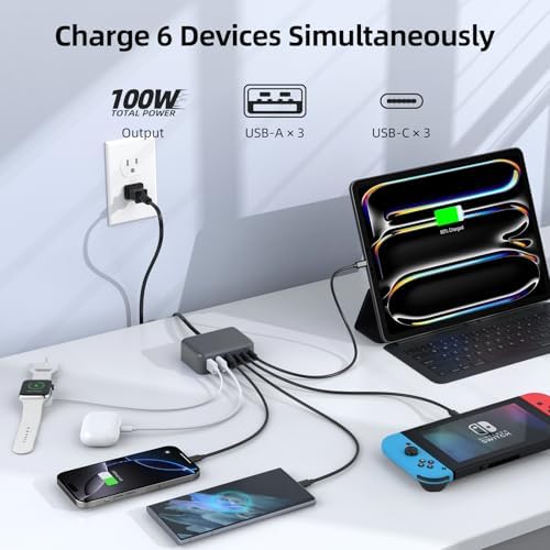 Ultimate 125 W USB-C Multi-Device Charging Station: 6-Port Fast Charger with Ga N Technology for i Phone, i Pad, Apple Watch, Galaxy S23 & More – Compact Power Hub for Home & Office Efficiency