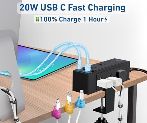 Maximize Workspace Efficiency with the 9-Outlet Desk Clamp Power Strip – Ultimate Mountable Surge Protector Featuring Fast Charging USB & USB-C Ports, 6 ft Extension Cord for Home Office Convenience, Sleek White Design for Enhanced Aesthetics and Functionality