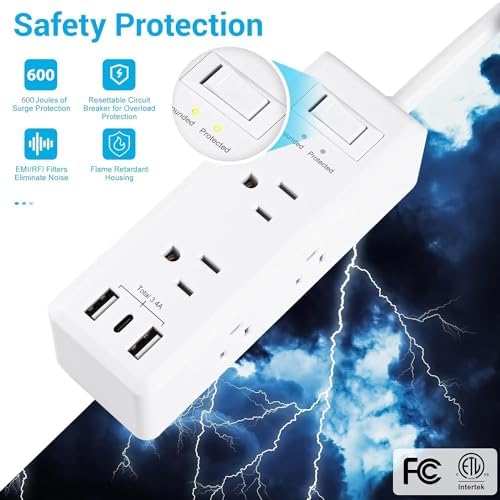 Elevate Your Charging Game with the Clear Power 2-Outlet Power Strip – 6 ft Flat Plug Power Station Featuring 3 USB Ports (1 USB-C) for Rapid Device Charging, Ideal for Home, Office & Travel, Durable & Compact Design, White, Model DC3 S-1102-DC