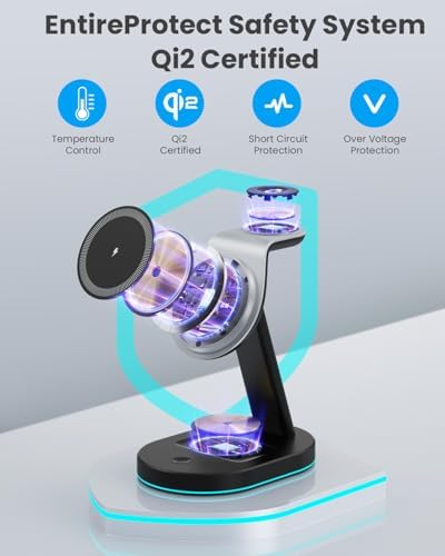 Ultimate 3-in-1 Wireless Charging Station for i Phone, Apple Watch, and Air Pods – Qi2 Certified 15 W Magnetic Charger with 30 W USB-C Adapter & Integrated Night Light – Streamlined Design for i Phone 16/15/14/13/12 – Superior Speed and Enhanced Compatibility for Modern Tech Users