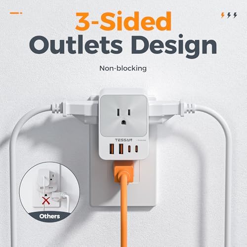 TESSAN 20 W USB C Charger Block with 3 Outlet Surge Protector – Fast Charging Multi-Port Wall Adapter for Home, Office, and Dorm Use – Compact Design with Enhanced Compatibility for All Devices