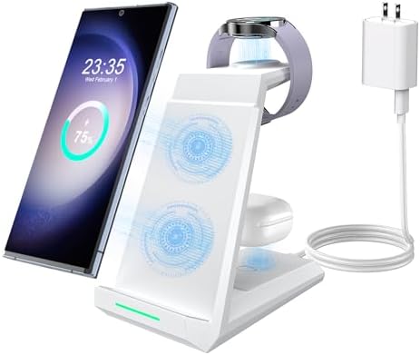 ADADPU 3-in-1 Wireless Charging Station for Samsung Devices – Fast Charging Dock for Galaxy S25, S24, S23, S22, S21, Galaxy Watch Series 7/6/5/4/3/Pro & Galaxy Buds – Includes 5 ft Cable & Adapter for Enhanced Efficiency and Connectivity