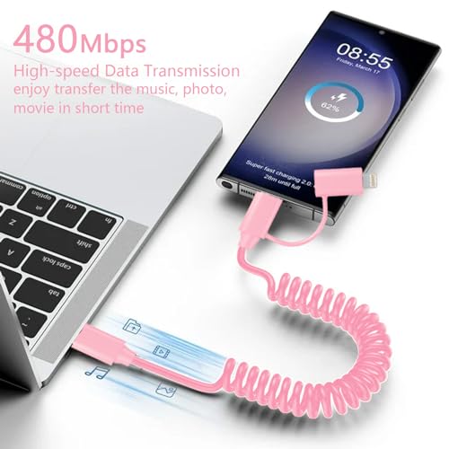 Transform Your Charging Experience with 60 W Dual-Coiled USB-C & Lightning Cable Set – MFi Certified, Fast 60 W Power Delivery, Compact 1.4 FT & Extended 6.6 FT Options, Stylish Pink Design for Enhanced Functionality and Durability
