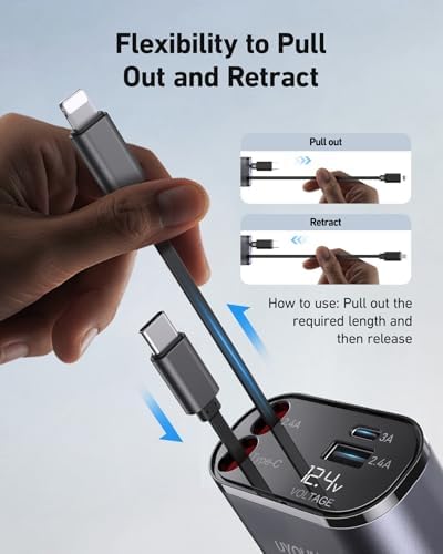 Revolutionize Your Road Trips with the UYOUNG 100 W Retractable Car Charger – 4-in-1 Fast Charging Solution with Dual 31.5-Inch Cables & Dual USB Ports for i Phone 15/14/13/12/11 Pro Max, Samsung, Pixel, and More – Ultimate Compatibility & Speed for Modern Travelers