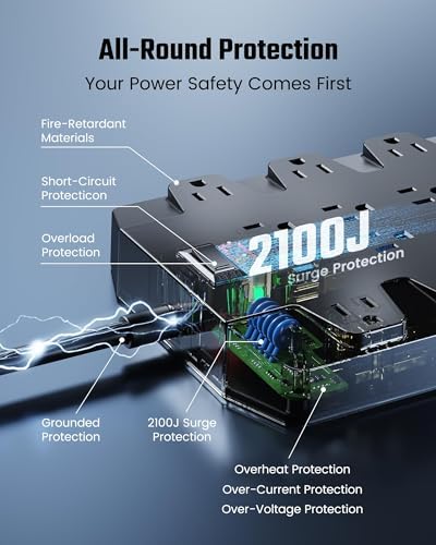 SUPERDANNY 22-Outlet Surge Protector Power Strip with 6.5 Ft Cord, 2 USB-C & 4 USB Ports – High-Capacity 1875 W/15 A with 2100 J Surge Protection for Home, Office, and Dorm Use – Wall Mount Design for Space-Saving Convenience