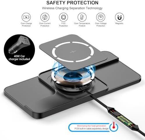 Magnetic Fast Wireless Car Charger Pad – 15 W Cordless Charging Mat for i Phone 16/15/14/13/12 & Air Pods – Innovative Design with Camera Cutout for Enhanced Fit – Includes 40 W QC 3.0 Car Charger – Overheating Prevention Technology – High-Speed Dual Port Charging for Optimal Performance